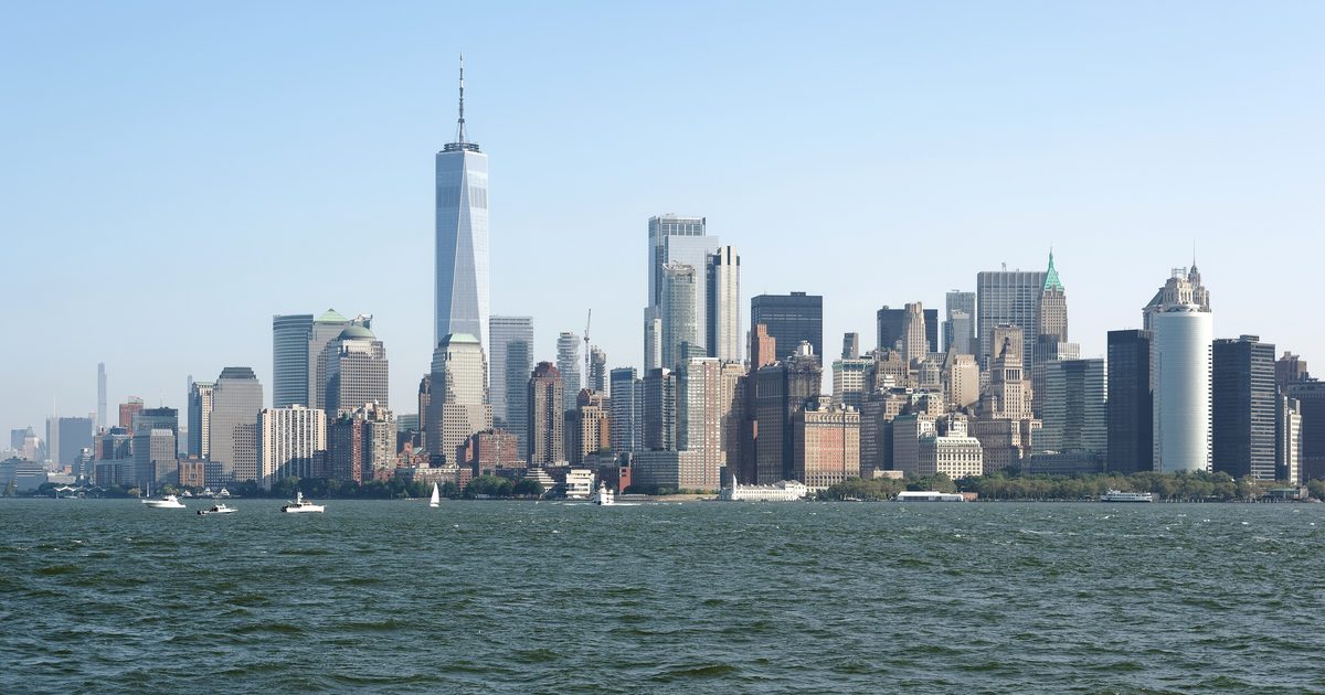 Lower Manhattan skyline with One World Trade Center seen from New York Bay